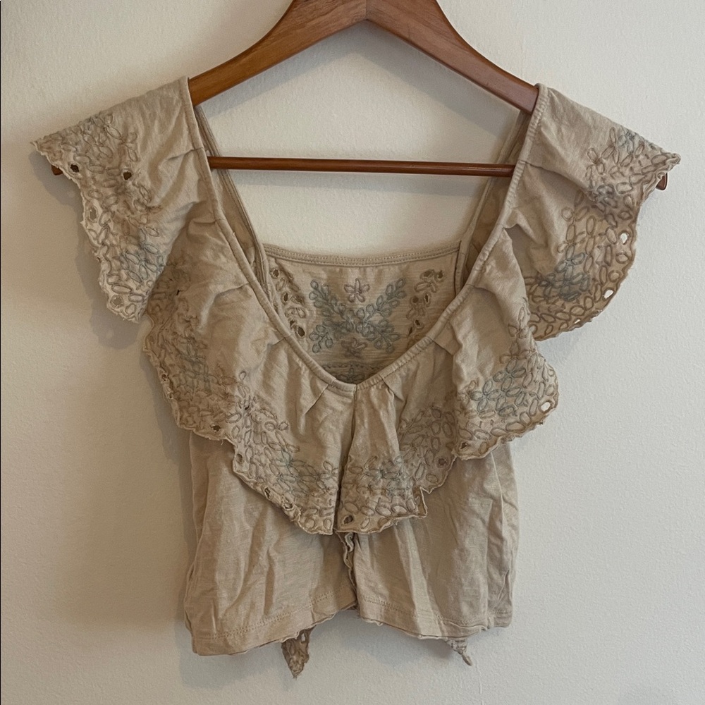 Free People Embroidered Beige Ruffle Top - Picture 4 of 4